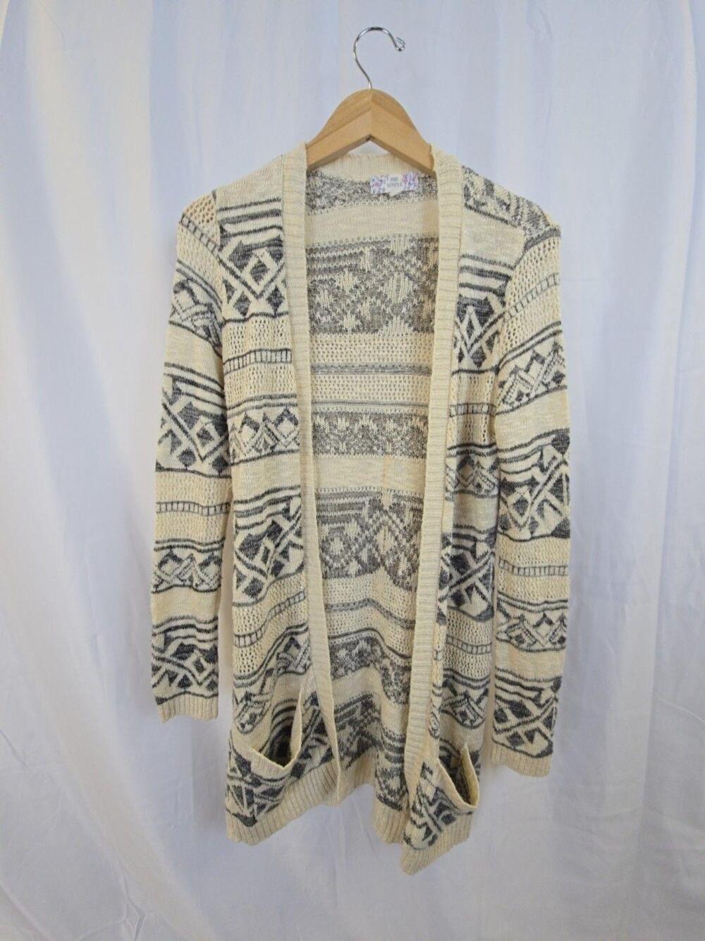 Pink Republic Sweater Cardigan Juniors Large Beige Aztec Open Knit Pockets